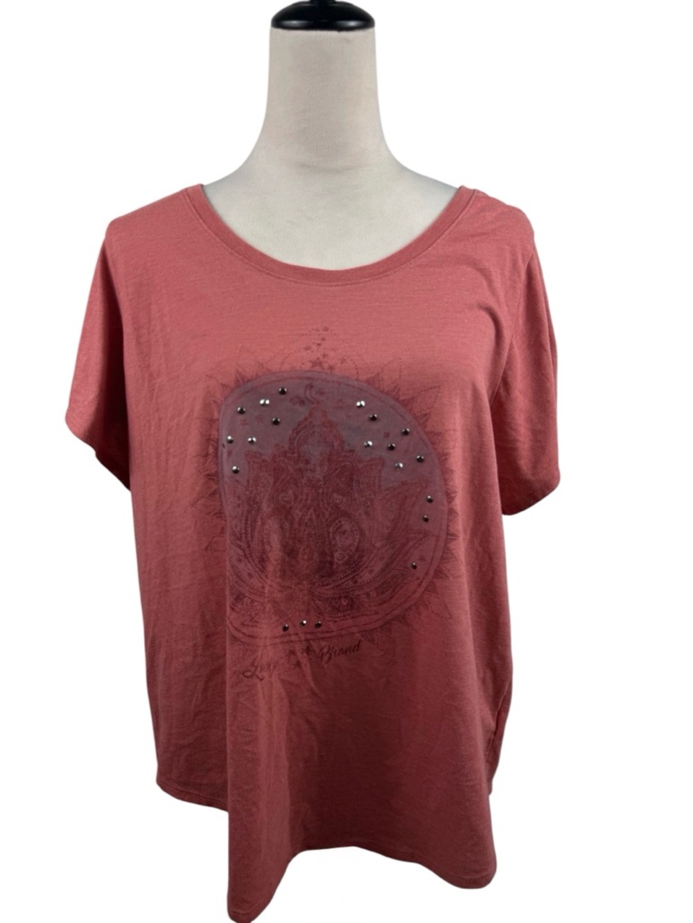 Lucky Brand salmon pink colored short sleeve top with silver studs size XL - Picture 2 of 9